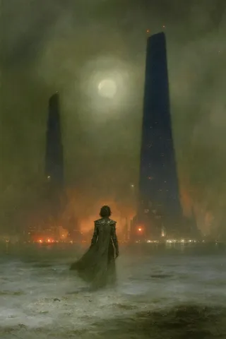Moody sci-fi oil painting of a lone figure in a long coat seen from behind, stepping across a wet shoreline towards colossal dark monolith skyscrapers under a full moon diffused by fog and smoky smog with ember city lights in the background.