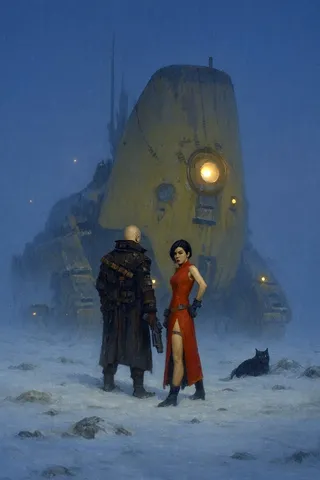 A snowy wasteland at blue dusk features a bald trench-coat hunter with a pistol and a woman in a red slit dress standing in the foreground, with a black cat crouching nearby and a large yellow retrofuturist crawler illuminated by porthole lights behind them.