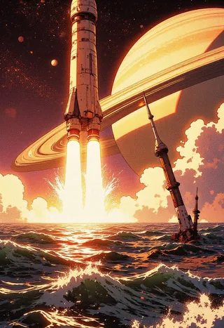A rocket launching above an ocean with Saturn and its rings glowing brightly in the background, rendered in warm hues with watercolor and cyberpunk influences.