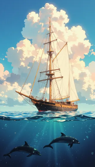 Watercolor-style illustration of a majestic sailboat on the sea with detailed sails and rigging, under a sky filled with towering clouds and two dolphins visible underwater.