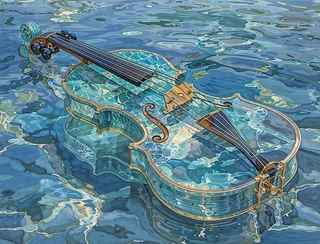 A transparent violin with water-like blue textures floating on a reflective water surface, evoking Neptune's aquatic theme.