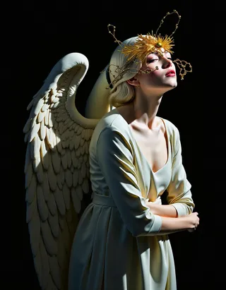 A bright angel in a dark room illuminated by dramatic lighting, wearing a white dress, large detailed angel wings, and a golden artistic headpiece.