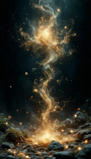 Golden ethereal smoke and glowing particles rise majestically from a rocky, dark forest floor, creating a mystical, fantasy ambiance.