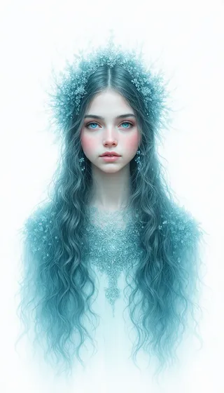 Portrait of a beautiful Slavic girl with flowing long wavy hair tinted blue, wearing a delicate blue floral crown and intricate lace attire with soft, ethereal lighting.