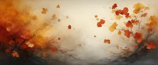 Abstract composition of crimson, gold, and ochre gingko leaves swirling over delicate textured washi paper with layered paint and gestural brushstrokes.