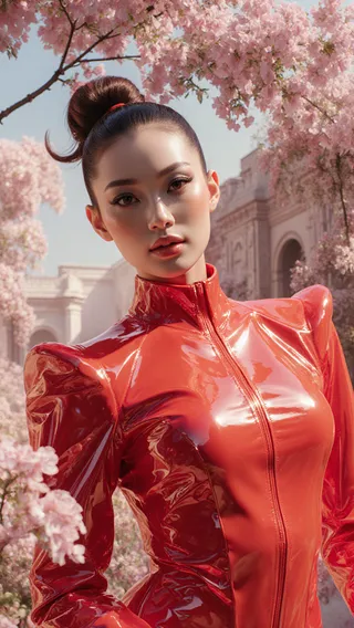 A futuristic portrait of a woman in a shiny red PVC outfit, surrounded by blooming cherry blossoms with an ornate architectural backdrop.