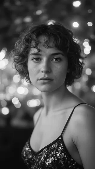 Black and white close-up portrait of a young woman with short wavy hair, freckles, and wearing a sequined top, against a softly blurred bokeh background.
