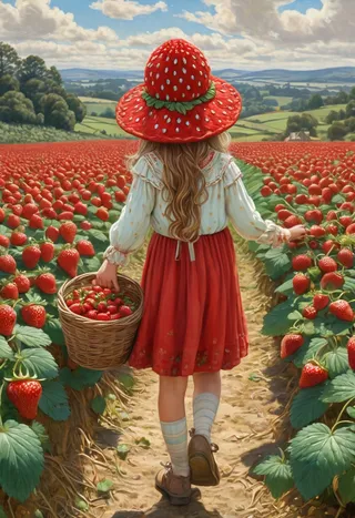 A little girl wearing a bright red knitted strawberry hat walks through a vast strawberry field, holding a basket full of fresh strawberries, with rolling hills under a cloudy sky.