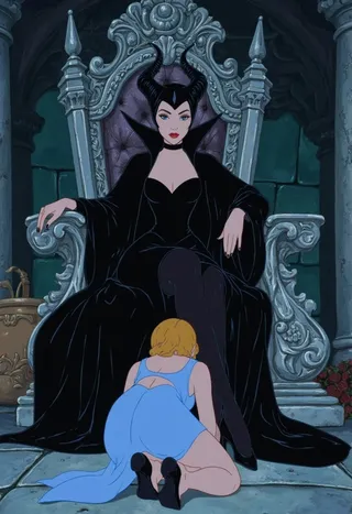 Maleficent sitting haughtily on a stone throne in a dark Gothic dungeon, wearing a black corset and high-heeled boots. Cinderella kneels submissively in front, wearing a slipping blue dress.