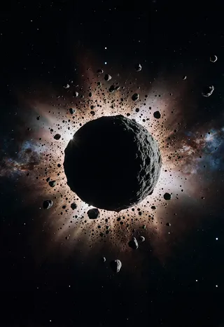 Photorealistic view of an asteroid belt encircling a large asteroid with a bright nebula and cosmic debris illuminated by cinematic lighting in deep space.