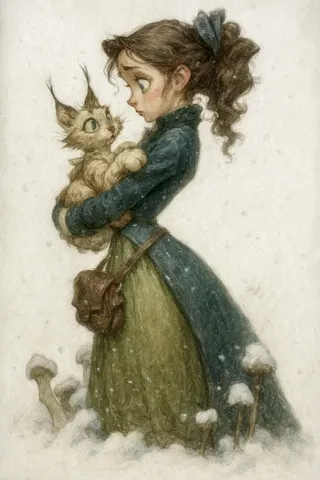 Storybook watercolor-gouache style illustration of a girl with a ribboned ponytail and moss-green dress holding a lynx-eared kitten amid gentle snowfall and snow-capped mushrooms