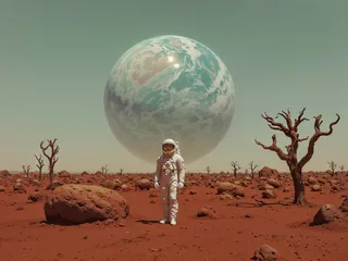 Astronaut standing on a red rocky landscape with scattered dead trees and large boulders under a pale green sky, with a massive cloudy planet dominating the horizon.