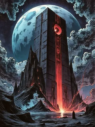 A towering dark mysterious tower glowing red against a large full moon and dramatic cloudy sky, with lava and rocky terrain in American comic style.
