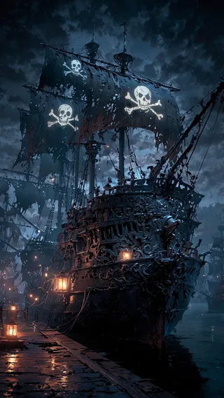 A detailed pirate ship with skull and crossbones sails docked at night under a dark, cloudy sky illuminated by lanterns.