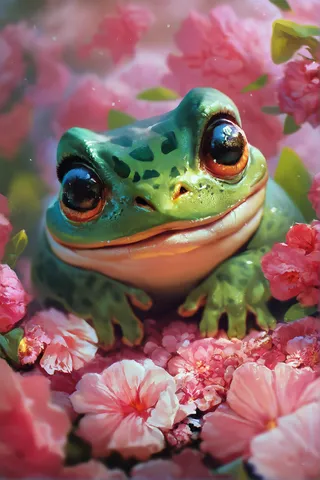 A close-up of a cute, small green frog surrounded by vibrant pink flowers with dramatic light highlighting its textured skin and large eyes.