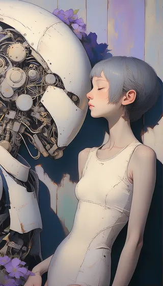 A young girl with ashy-gray short hair in a cream-colored swimsuit leans peacefully against a detailed white mechanical android adorned with purple flowers, set against a muted, textured purple-gray background.