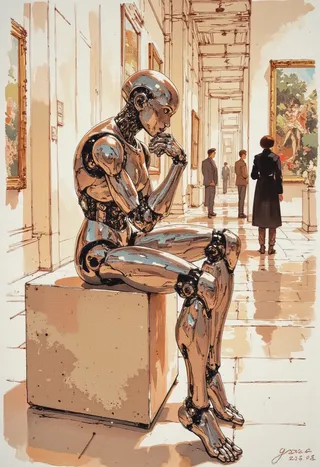 Watercolor and hand-drawn style illustration of a chrome female android seated in the classic Thinker pose on a pedestal inside a modern art gallery with visitors and framed paintings in warm tones.