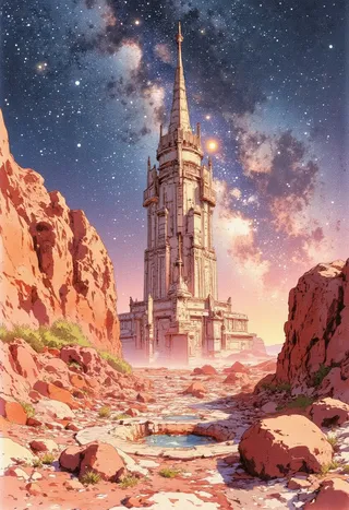 Watercolor-style illustration of a towering extraterrestrial structure designed by Mohi Safdi, set in a rocky foreground under a vibrant Milky Way galaxy sky.