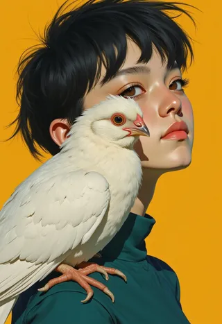 Realistic digital painting of a young East Asian woman with a short, styled avant-garde black hairstyle, wearing a deep teal blouse. A white hen with detailed feathers perches on her shoulder against a mustard yellow background.