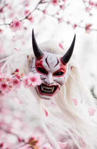 Close-up of a fierce white oni mask with black horns, wide menacing grin, red accents on nose and cheeks, narrow intense eyes, and flowing long white hair surrounded by pink cherry blossoms.