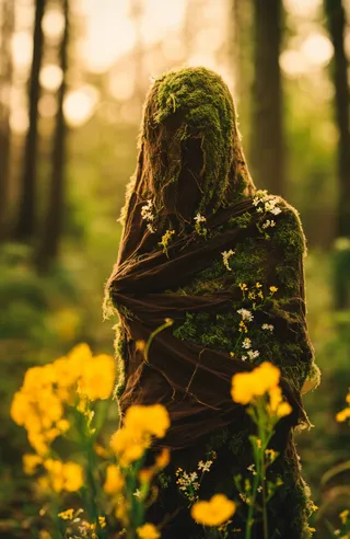 A mysterious figure covered in moss and tattered dark brown cloth stands in a sunlit forest with yellow flowers in the foreground and soft warm lighting.