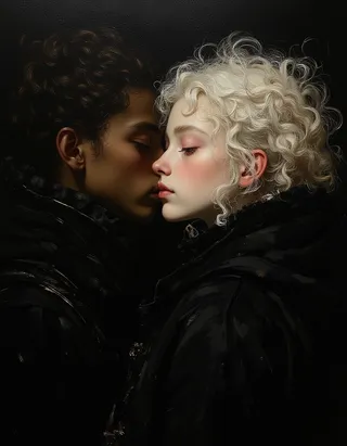 Hyper-realistic oil painting of an albino fashion model with curly white hair facing a dark-skinned man on a black background in Rembrandt style with romantic, intricate details.