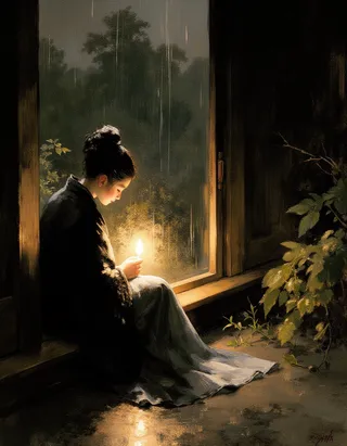 A melancholic Song dynasty woman sitting by the window holding a candle at night with rain tapping outside, illuminated by soft Rembrandt lighting.