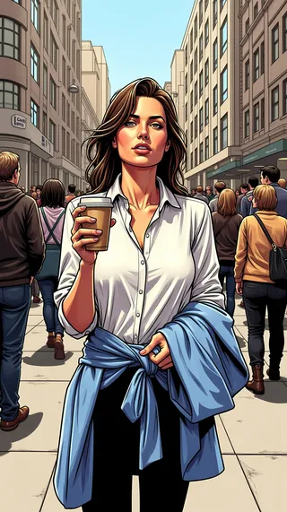 A woman stands in the middle of a busy city street holding a coffee cup, wearing a white blouse and a blue jacket tied around her waist, with an expressive mid-eye roll face.