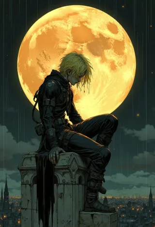 Young male silhouette with gold hair in a black latex combat suit sits on a gothic spire against a huge glowing full moon in a dark, rainy night cityscape.