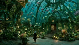 Lush underwater botanical garden inside a glass dome with Victorian architecture, lush plants, floating flowers, ambient lighting, and a person observing the scene.