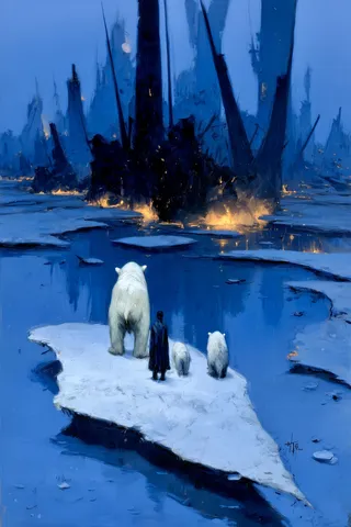 Moody oil painting of a lone figure with three polar bears standing on a drifting ice floe, facing burning jagged spires under a midnight-blue sky with glowing ember fires and reflections in icy water.