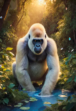 Photorealistic albino gorilla with golden sunset backlighting in a lush forest, crouching with hands in a blue water pool surrounded by green foliage.