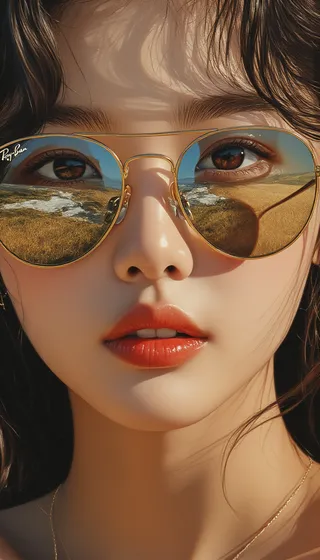 Close-up of a Korean female wearing Ray-Ban sunglasses reflecting a scenic natural landscape, captured with Kodak Portra 400 film aesthetic and summer soft focus.