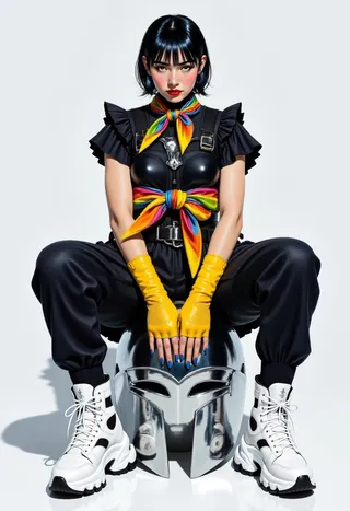 A hyper-detailed digital portrait of a 25-year-old woman with a masculine jawline and black French bob hairstyle sitting on a reflective chrome knight's Great Helm. She wears oversized avant-garde black clothing with a colorful rainbow scarf tied around her waist, vibrant yellow fingerless gloves, and white chunky sneaker boots, all illuminated by intricate Cucoloris lighting.
