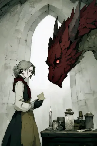 An ink-and-wash fantasy scene showing a side-profile apothecary woman reading a note while facing a looming crimson dragon under a stone chapel arch, with an alchemist table in the foreground holding jars and a single candle.
