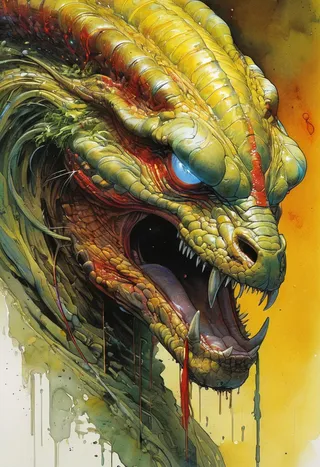 Highly detailed massive snake with glowing blue eyes and sharp teeth in a Moebius-inspired fantasy concept art style with watercolor wash and grotesque features.