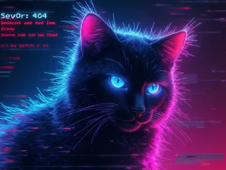 A neon-lit black cat with glowing blue eyes and pink-purple glowing fur outlines in a cyberpunk digital environment.