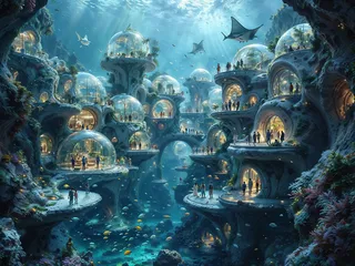 A large underwater city featuring futuristic architecture with glass dome structures, inhabited by people and surrounded by diverse marine life.