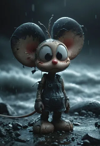Closeup of an old android mouse with large ears, worn and fragile, standing in a storm with dramatic backlighting and a holy aura.