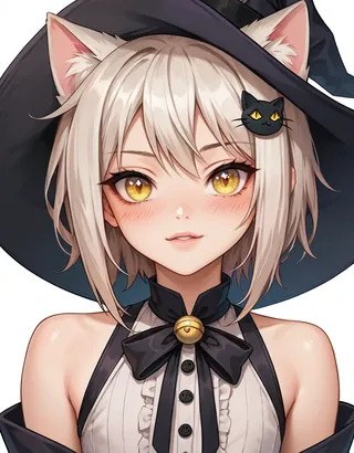Anime-style cat girl character with white hair, yellow eyes, cat ears and tail wearing a black witch hat and long black dress, detailed with a cat hair ornament.