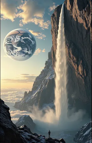 Ultra-realistic 8K image of a towering waterfall cascading from a rugged cliff on Saturn, with a vivid Earth visible in the sky and an alien rocky landscape dusted with frost.