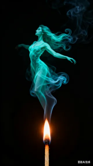Surreal image of a burning matchstick producing glowing turquoise smoke that forms the shape of a graceful dancing woman with flowing hair against a black background.