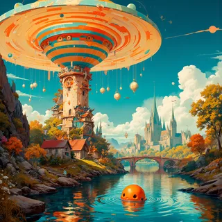 A whimsical fantasy tower with a citrus orange and teal striped dome beside a riverside village, under a vivid sunset sky with gothic spires in the distance and a curious orange orb-like creature floating in the water.