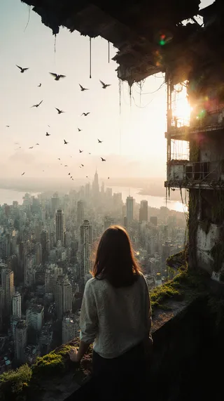 A young woman stands on the moss-covered edge of a dilapidated high-rise building at sunset, facing a sprawling cityscape with numerous birds flying in the sky.