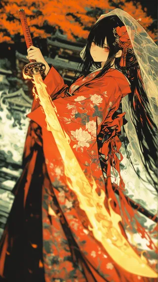 Anime-style illustration of a female samurai in a red floral kimono holding a large flaming katana with an intricate hilt, standing in front of a Japanese temple surrounded by fiery maple leaves.