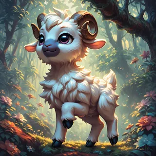 A tiny fluffy lamb-like creature with twisting horns and large expressive eyes stands in a colorful forest filled with flowers and dense trees, illuminated by soft sunlight.
