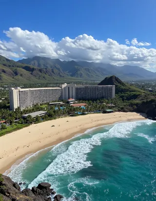 Large Hawaiian resort with Polynesian style architecture by a sandy beach, blue ocean waves, palm trees, and lush tropical mountains under a sunny sky.