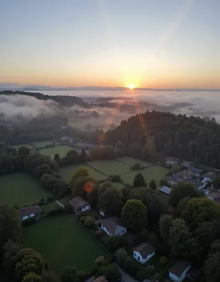 Drone view of British countryside at sunrise with fog rolling over hills, trees, paths, and scattered cottage homes.