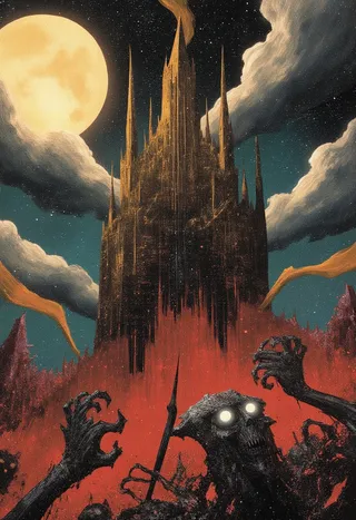 A towering crystal castle with glowing spires rises under a starry night sky and large full moon, looming over a fiery red battlefield filled with clawing monstrous creatures with glowing eyes.