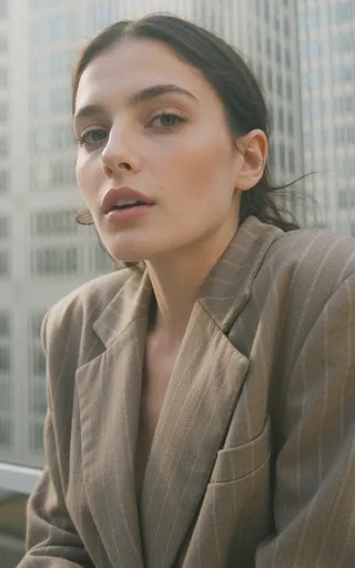 Fashion model with shoulder-length black hair, green eyes, and unamused expression wearing a beige pinstripe blazer in side profile with urban buildings in background.